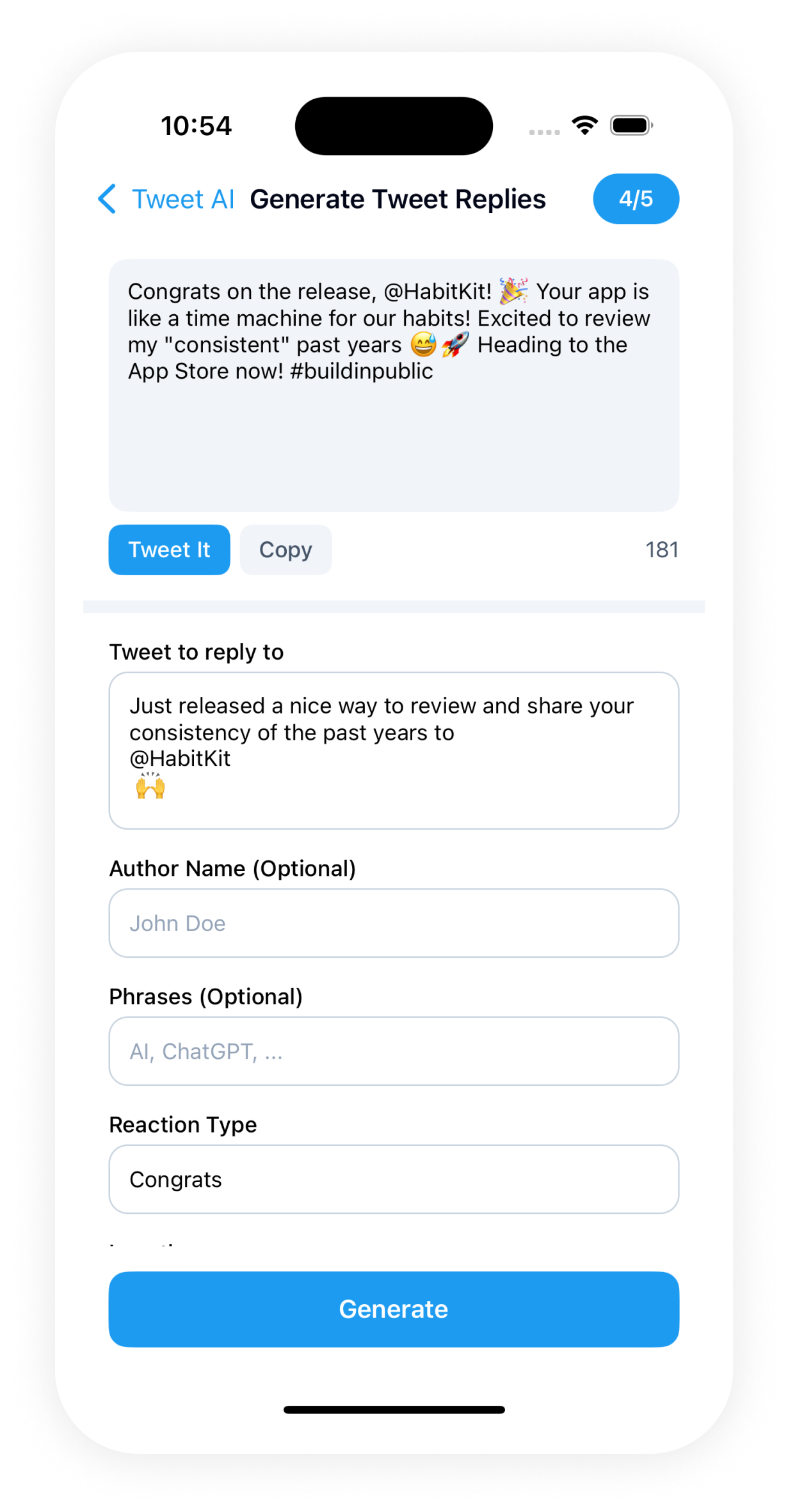 Tweet AI Generate Tweet Reply Screenshot